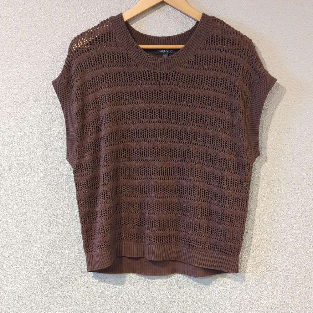 Laurel Grey Brown Open-Knit Sleeveless Sweater Size L